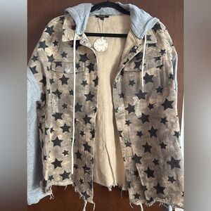 Oddi Star Patterned Denim Jacket with Gray Cotton Sleeves and removable hood